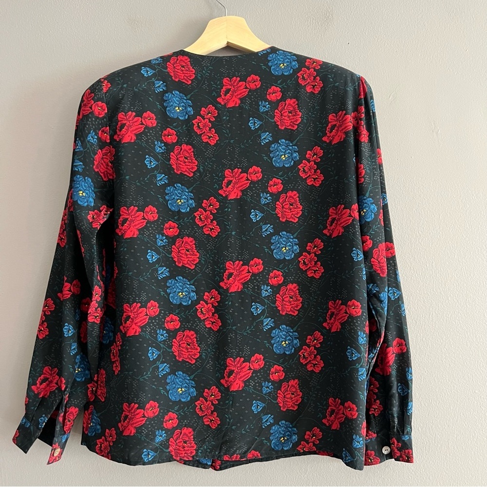 Vintage Alcott & Andrews 100% Silk Black Floral Roses Button Down Blouse Sz 4 - Picture 2 of 12